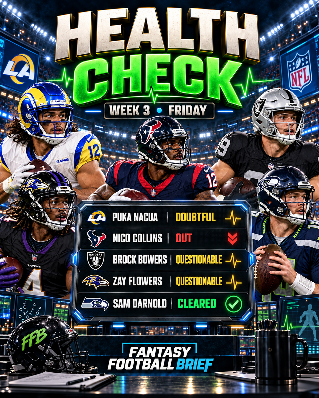 Week 3 Health Check: Puka Nacua doubtful, Nico Collins out, Brock Bowers and Zay Flowers questionable, Sam Darnold cleared